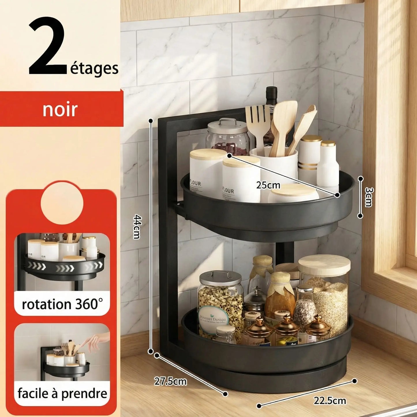 cuisine étagères rotatives 360° à deux niveaux | OrganizeMax - Rangement Facile