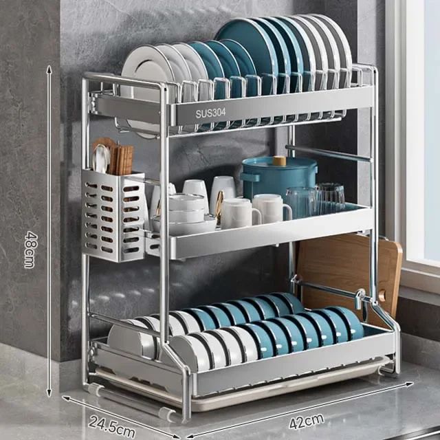 egouttoir premium trois niveaux argent bac ustensiles patte silicone compact