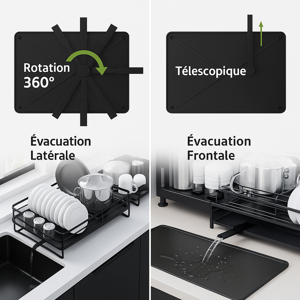 egouttoir vaiselle prorange evacuation frontal lateral extensible comptoir noir support stable section verre