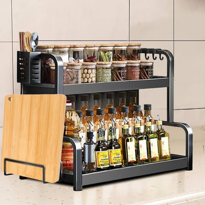 etagere cuisine planche decoupe crochet huiles vinaigre pot verre conservation ustensiles