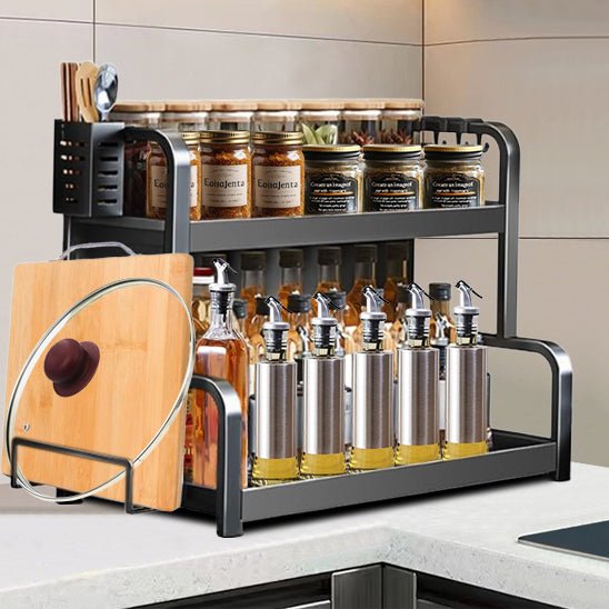 etagere cuisine pot marinade verre huiles vinaigre couvercle planche