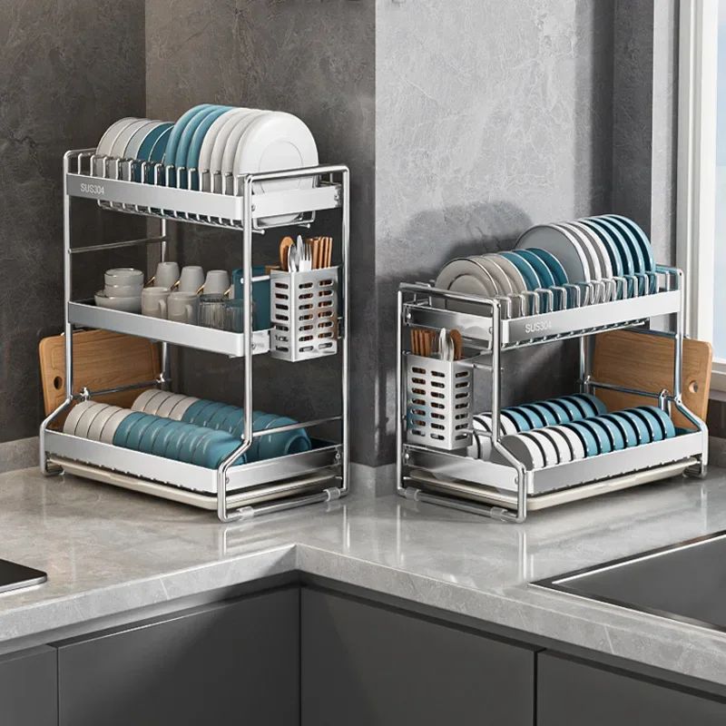 égouttoir premium modele trois niveaux deux niveaux argent bac ustensiles patte silicone compact